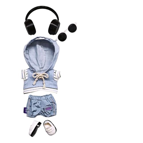 Geeignet für 17 cm trendige Puppenkleidung, Hosen, Röcke, Brillen, Hüte, Schuhe, Kopfhörer-Zubehör (Denim-Kapuzenpullover, 5-teiliges Set) von Generic