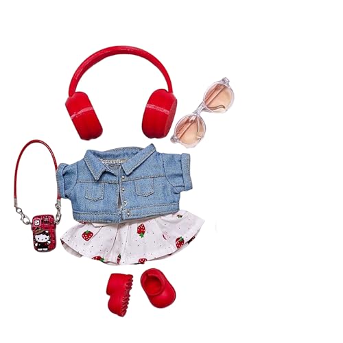 Geeignet für 17 cm trendige Puppenkleidung, Hosen, Röcke, Brillen, Hüte, Schuhe, Kopfhörer-Zubehör (Erdbeer-Rock, 6-teiliges Set) von Generic