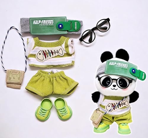 Geeignet für 17 cm trendige Puppenkleidung, Hosen, Röcke, Brillen, Hüte, Schuhe, Kopfhörer-Zubehör (Fischgrätenmuster, 4-teiliges Set + grüne Schuhe + Brille) von Generic