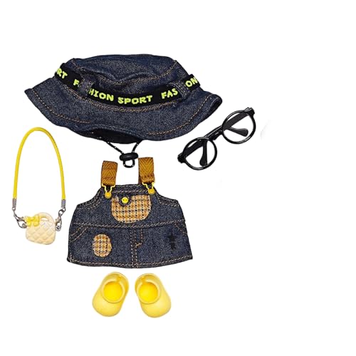 Geeignet für 17 cm trendige Puppenkleidung, Hosen, Röcke, Brillen, Hüte, Schuhe, Kopfhörer-Zubehör (Jeansrock + Fischerhut + gelbe Schuhe, 5-teiliges Set) von Generic