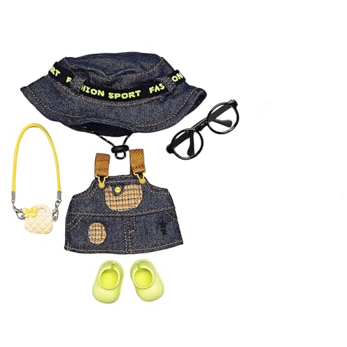 Geeignet für 17 cm trendige Puppenkleidung, Hosen, Röcke, Brillen, Hüte, Schuhe, Kopfhörer-Zubehör (Jeansrock + Fischerhut + grüne Schuhe, 5-teiliges Set) von Generic