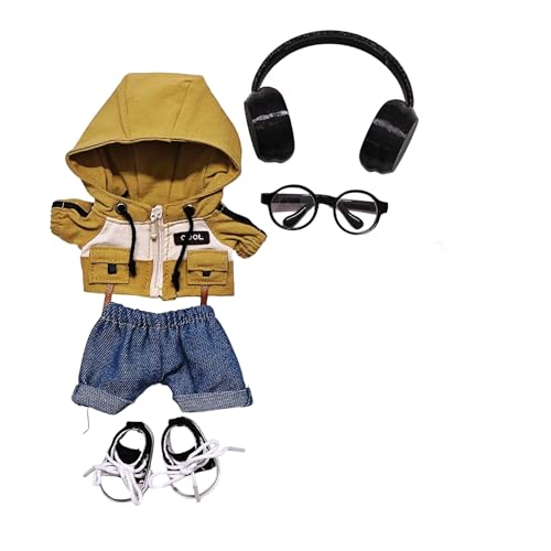 Geeignet für 17 cm trendige Puppenkleidung, Hosen, Röcke, Brillen, Hüte, Schuhe, Kopfhörer-Zubehör (Khaki, Kapuzenjacke, 5-teiliges Set) von Generic