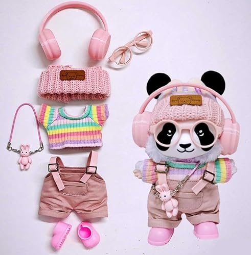 Geeignet für 17 cm trendige Puppenkleidung, Hosen, Röcke, Brillen, Hüte, Schuhe, Kopfhörer-Zubehör (Overall, rosa Kopfhörer, 7-teiliges Set) von Generic