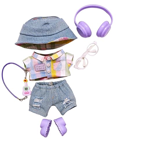 Geeignet für 17 cm trendige Puppenkleidung, Hosen, Röcke, Brillen, Hüte, Schuhe, Kopfhörer-Zubehör (Regenbogen-Shirt + lila Kopfhörer, 7-teiliges Set) von Generic