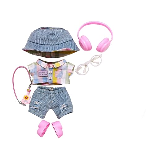 Geeignet für 17 cm trendige Puppenkleidung, Hosen, Röcke, Brillen, Hüte, Schuhe, Kopfhörer-Zubehör (Regenbogen-Shirt + rosa Kopfhörer, 7-teiliges Set) von Generic