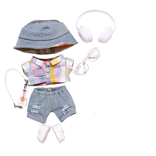 Geeignet für 17 cm trendige Puppenkleidung, Hosen, Röcke, Brillen, Hüte, Schuhe, Kopfhörer-Zubehör (Regenbogen-Shirt + weiße Kopfhörer, 7-teiliges Set) von Generic