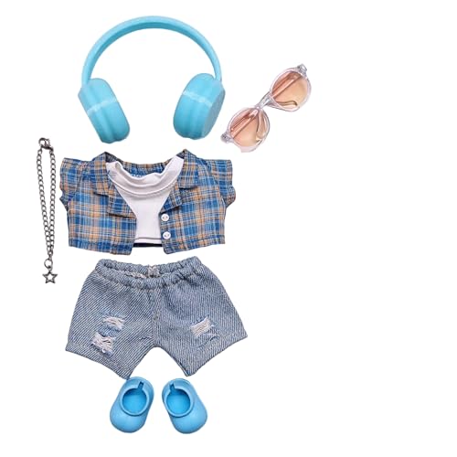 Geeignet für 17 cm trendige Puppenkleidung, Hosen, Röcke, Brillen, Hüte, Schuhe, Kopfhörer-Zubehör (blaues Gitter-Shirt, 7-teiliges Set) von Generic