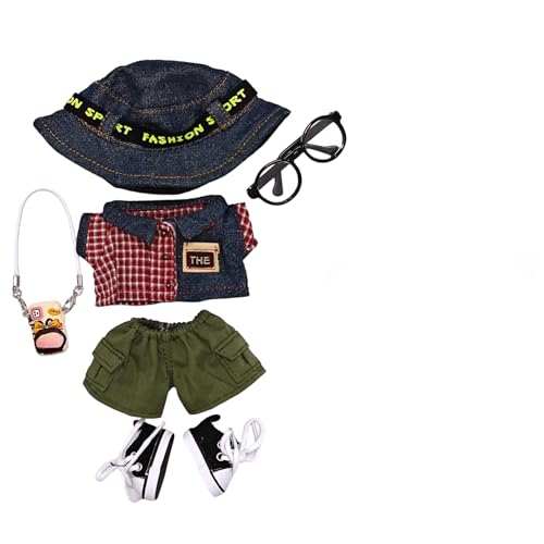 Geeignet für 17 cm trendige Puppenkleidung, Hosen, Röcke, Brillen, Hüte, Schuhe, Kopfhörer-Zubehör (grüner Overall, 6-teiliges Set) von Generic