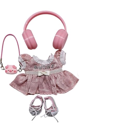 Geeignet für 17 cm trendige Puppenkleidung, Hosen, Röcke, Brillen, Hüte, Schuhe, Kopfhörer-Zubehör (rosa Rock + Kopfhörer, 4-teiliges Set) von Generic
