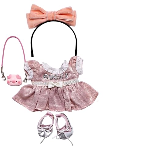 Geeignet für 17 cm trendige Puppenkleidung, Hosen, Röcke, Brillen, Hüte, Schuhe, Kopfhörer-Zubehör (rosa Rock + Stirnband, 4-teiliges Set) von Generic