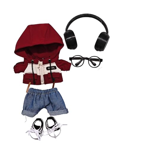 Geeignet für 17 cm trendige Puppenkleidung, Hosen, Röcke, Brillen, Hüte, Schuhe, Kopfhörer-Zubehör (rote Kapuzenjacke, 5-teiliges Set) von Generic