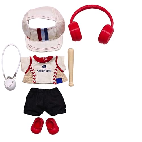 Geeignet für 17 cm trendige Puppenkleidung, Hosen, Röcke, Brillen, Hüte, Schuhe, Kopfhörer-Zubehör (schwarze Hose + Baseball-Set, 7-teilig) von Generic