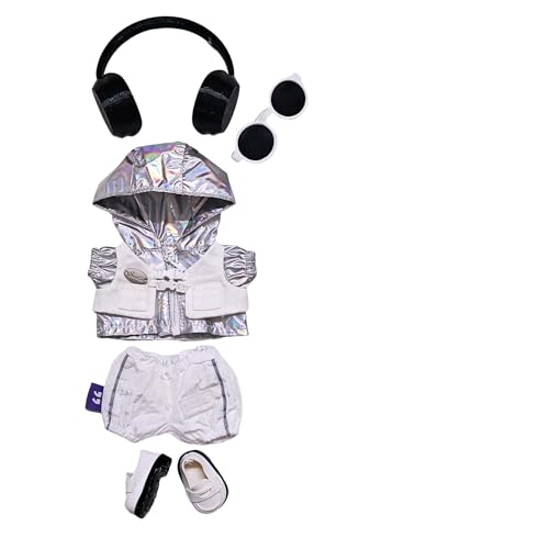 Geeignet für 17 cm trendige Puppenkleidung, Hosen, Röcke, Brillen, Hüte, Schuhe, Kopfhörer-Zubehör (silberfarbener Trenchcoat, schwarze Kopfhörer, 5-teiliges Set) von Generic