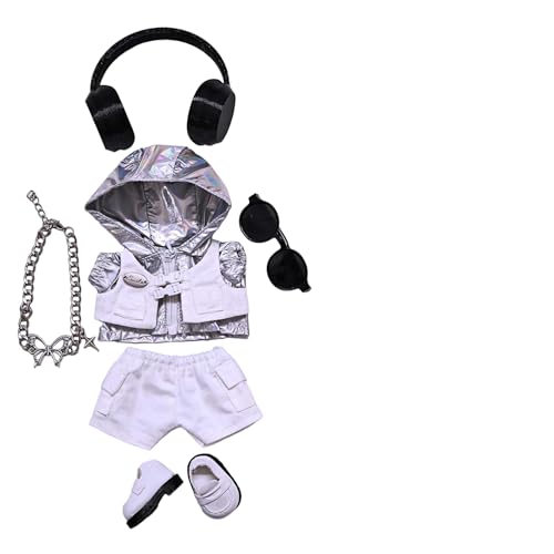 Geeignet für 17 cm trendige Puppenkleidung, Hosen, Röcke, Brillen, Hüte, Schuhe, Kopfhörer-Zubehör (silberfarbener Trenchcoat + Halskette, 6-teiliges Set) von Generic