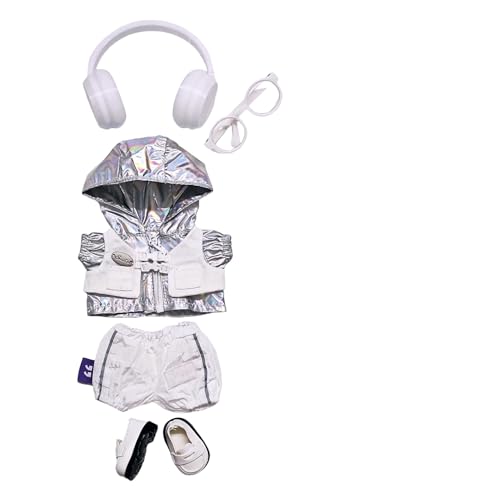Geeignet für 17 cm trendige Puppenkleidung, Hosen, Röcke, Brillen, Hüte, Schuhe, Kopfhörer-Zubehör (silberfarbener Trenchcoat und weiße Kopfhörer, 5-teiliges Set) von Generic
