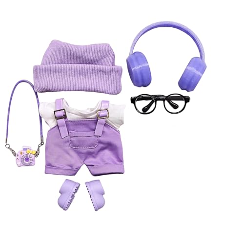 Geeignet für 17 cm trendige Puppenkleidung, Hosen, Röcke, Brillen, Hüte, Schuhe, Kopfhörer-Zubehör (violetter Overall, 7-teiliges Set) von Generic