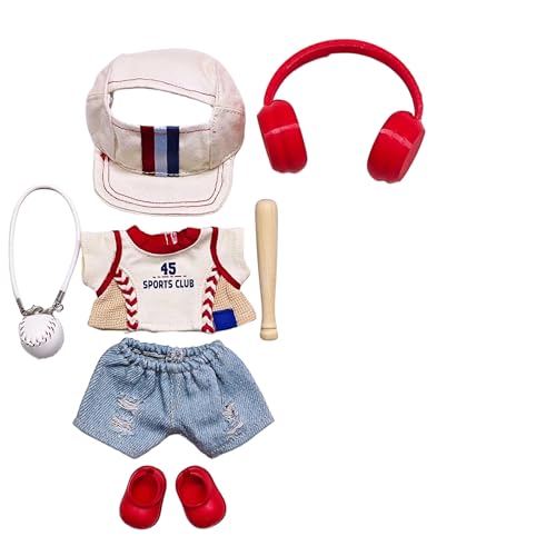 Geeignet für 17 cm trendige Puppenkleidung, Hosen, Röcke, Brillen, Hüte, Schuhe, Kopfhörer-Zubehör (zerrissene Jeans + Baseball-Set, 7-teilig) von Generic