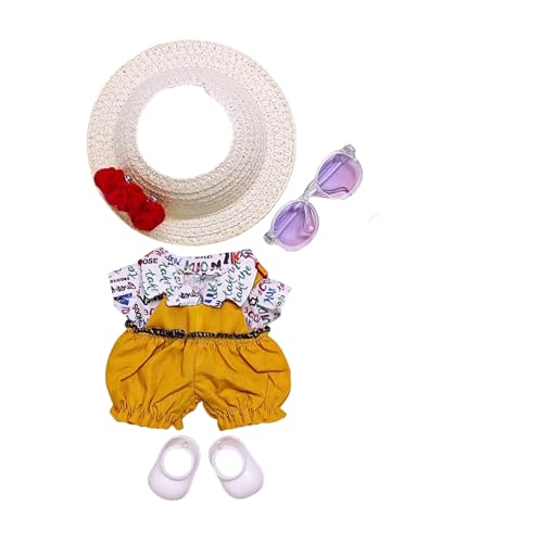 Geeignet für 17 cm trendige Puppenkleidung, Hosen, Röcke, Brillen, Hut, Schuhe, Kopfhörer-Zubehör (Mutter- und Kinder-T-Shirt + Strohhut, 4-teiliges Set) von Generic