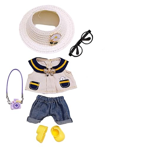 Geeignet für 17 cm trendige Puppenkleidung, Hosen, Röcke, Brillen, Hut, Schuhe, Kopfhörer-Zubehör (Strohhut + lila Kamera, 6-teiliges Set) von Generic
