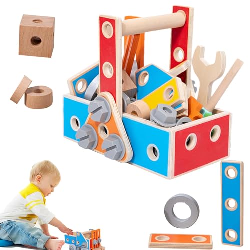 Generic Kinder-Werkzeugkasten aus Holz, Werkzeugkasten für den Stielbau, Holz-Bausatz mit Muttern und Schrauben, Bausteinen | Holzschrauben- und Muttern-Set, Spielzeug-Bauwerkzeuge von Generic