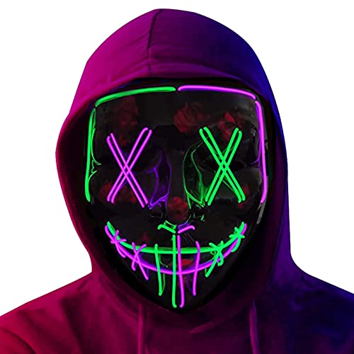 Generic LED Halloween Maske, LED Purge Maske mit 3 Beleuchtungsmodi, Carnival LED Halloween Leuchtmaske, Halloween Scary Mask, für Karneval, Halloween, Cosplay und Partys, M, Grün+violett von Generic