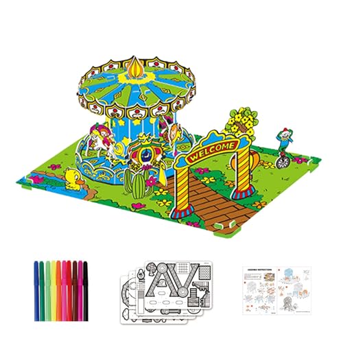 Generic Malpuzzles für Kinder, 3D-Malpuzzle,Vergnügungspark-Thema-Papp-Graffiti-Puzzle - Multifunktionales innovatives Spielzeug für die frühe Entwicklung, interaktives DIY-Kunstzubehör-Spielset für von Generic