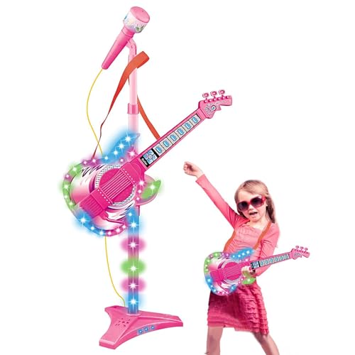Generic Musikspiel für Gitarre und Mikrofon für Kinder: leichte rosa Gitarre | Mikrofon mit verstellbarer Höhe, lustiges Musikspiel für und Mädchen von Generic