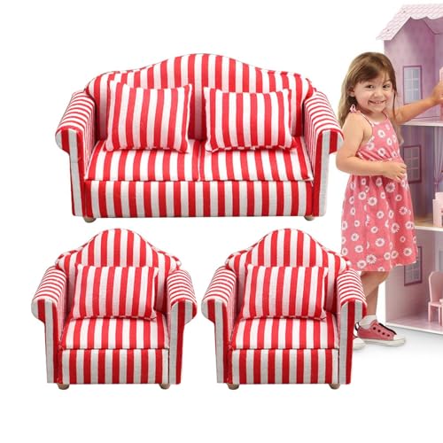 Generic Puppenhaus-Couch, Puppenhaus-Sofa-Sessel | Miniatur-Sofa-Sessel-Spielzeug im Maßstab 1:12,Rot-weiß gestreiftes Holzgewebe, hochsimuliertes Miniatursofa, Kinderspielzeug, Geschenk für Jungen von Generic