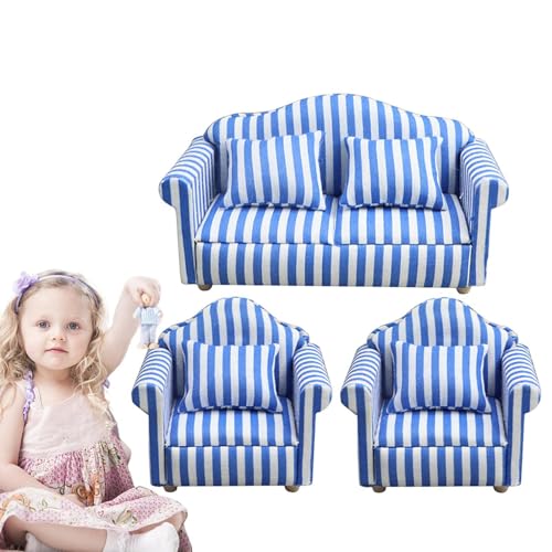 Generic Puppenhaus-Couch mit Kissen, Puppenhaus-Sofa-Set, Puppenhaus-Möbel-Couch- und Stuhl-Set im Maßstab 1:12, Rot-weiß gestreifter Miniatur-Sofa-Sessel aus Holzstoff, von Generic