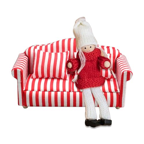 Generic Puppenhaus-Couch mit Kissen, Puppenhaus-Sofa-Set - Miniatur-Möbelspielzeug im Maßstab 1:12 | Hochsimulierte Miniaturmöbel, Puppenhaus-Wohnzimmermöbel mit roten und weißen Streifen für Mädchen von Generic