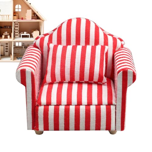 Generic Puppenhaus-Sofa-Set, Puppenhaus-Couch, Miniatur-Sofa-Sessel-Spielzeug im Maßstab 1:12, Rot-weiß gestreifter Miniatur-Sofa-Sessel aus Holzstoff, Puppenhaus-Wohnzimmermöbel für Kinder von Generic