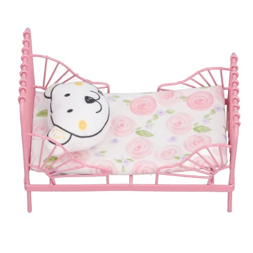 Generic Puppenhausbett, Miniaturmöbel Bett Dollhouse Schlafzimmer Bett Dollhouse Metall Bed (Rosa Blumenmuster) von Generic