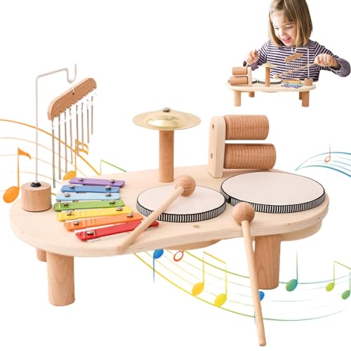 Generic Schlagzeug-Set für Kinder, Schlagzeug-Kinderspielzeug - 7-in-1-Montessori-Lernspielzeug mit Xylophon,Musikalisches Tischspielset aus Holz mit Windspiel für Kinder ab 2 Jahren von Generic