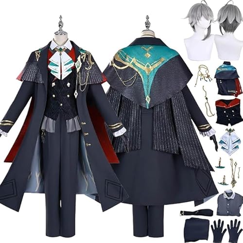 Genshin Impact Alhaitham Neue Haut Cosplay Kostüm Outfit Spielcharakter Kaveh Kinich Uniform Komplettes Set Halloween Karneval Party Dress Up Anzug mit Perücke für Männer (Dunkelgrau, XL) von Generic