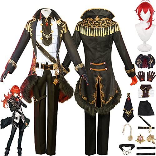 Genshin Impact Diluc Ragnvinder Cosplay Costume Outfit Game Character Kinich Uniform Complete Set Halloween Carnival Party Dress Up Suit with Wig for Men von Generic