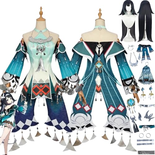 Genshin Impact Lan Yan Cosplay Costume Outfit Game Character Uniform Complete Set Halloween Carnival Party Dress Up Suit with Wig Earrings Headpiece for Women von Generic