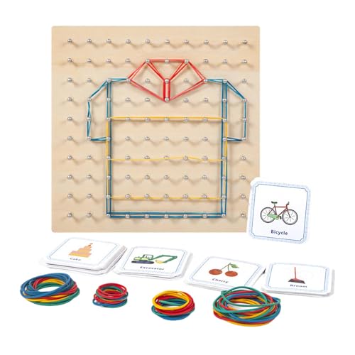 Geo Bretter für Elastikbrett, Lernspielzeug Geoboard – Mathematische Geographische Tafel aus Holz, Lernspielzeug mit 50 Motivkarten und 80 Gummibändern von Generic
