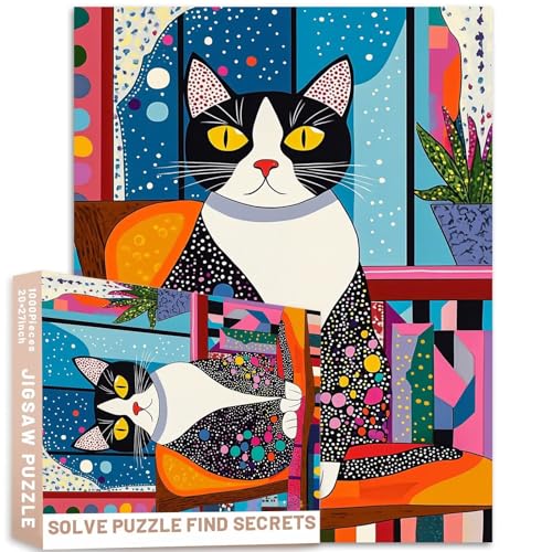 Geometrisches Katzenpuzzle, gepunktet, kräftige Farbblöcke, kindliche Illustration, 50 x 70 cm, 1000 Teile von Generic