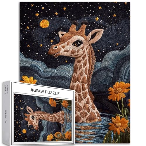 Giraffe Baby Nachthimmel Puzzle 1000 Teile Stickerei Kunst Gelbe Blumen Wasserszene Texturen Bunte DIY Puzzles für Heimdekoration Geschenke Familie Puzzle Perfekt für Spielabende von Generic