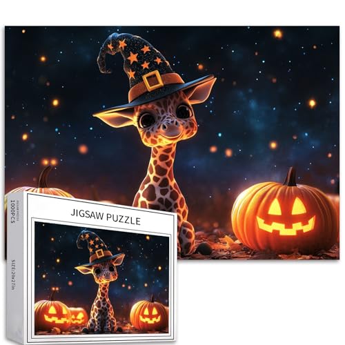 Giraffe Kalb Zauberer Hut Sterne 1000 Teile Halloween Puzzle Erwachsene Anfänger Leuchtende Kürbisse Nachthimmel Familienaktivität 68,6 x 50,8 cm von Generic