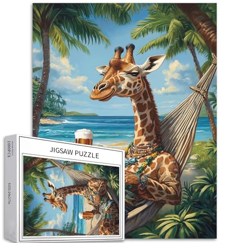 Giraffe hält Bier 1000 Teile Puzzle für Erwachsene, Urlaubsstil Kunst Puzzle, herausfordernde Familienaktivitätsspiele, buntes DIY-Bastelpuzzle für Heimdekoration, Geschenke, 50 × 70 cm von Generic