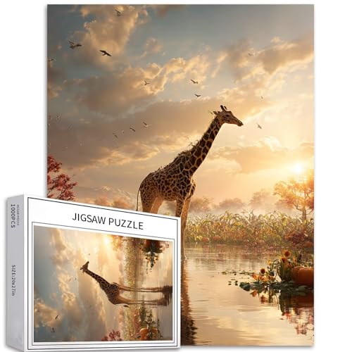 Giraffe's Reflection Puzzle für Erwachsene, Halloween-Ölgemälde-Stil, Kunst-Puzzle, anspruchsvolle Familienaktivitäten, buntes Bastelpuzzle für Heimdekoration, Geschenke, 50,8 x 68,6 cm, 1000 Teile von Generic