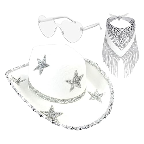 Glitzernder Cowgirl-Hut, Cowgirl-Hut aus Strass, 3 x glitzernder Cowgirl-Hut mit Quaste, Stern, Cosplay-Zubehör, Cowgirl-Hut, glitzernder Cowgirl-Hut für Disco Party, Hochzeit Glitzernder Cowgirl-Hut, Cowgirl-Hut aus Strass, 3 x glitzernder Cowgirl-Hut mit Quaste, Stern, Cosplay-Zubehör, Cowgirl-Hut, glitzernder Cowgirl-Hut für Disco Party, Hochzeit von Generic