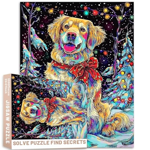Golden Retriever Hund, rote Schleife, Schneeszene, bunte Retro-Kunst, 1000-teiliges Weihnachtspuzzle, Geschenk, Erwachsene, bunt, DIY-Puzzle, für Heimdekoration, Geschenke, Familienpuzzle, perfekt für Golden Retriever Hund, rote Schleife, Schneeszene, bunte Retro-Kunst, 1000-teiliges Weihnachtspuzzle, Geschenk, Erwachsene, bunt, DIY-Puzzle, für Heimdekoration, Geschenke, Familienpuzzle, perfekt für von Generic
