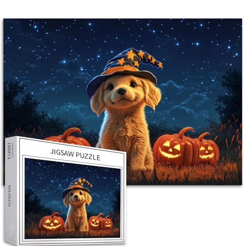Golden Retriever Welpe Zauberer Hut 1000 Stück Halloween Puzzle Erwachsene Anfänger Leuchtende Kürbisse Sternennacht Home Decor Geschenk von Generic