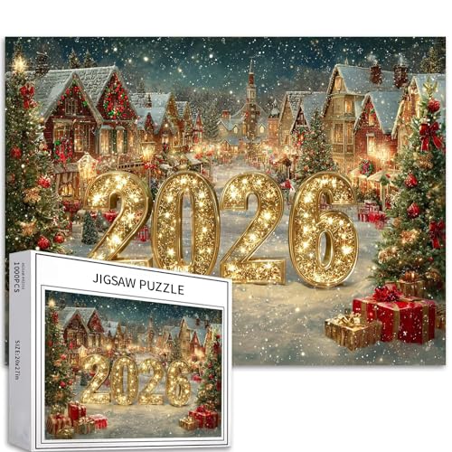 Goldenes 2026 Neujahrsposter 1000 Teile Puzzle für Erwachsene, Weihnachtsdorf, Schnee, Puzzle, bunte DIY-Puzzles für Heimdekoration, Geschenke, Familienpuzzle, perfekt für Spieleabende, 70 × 50 cm von Generic