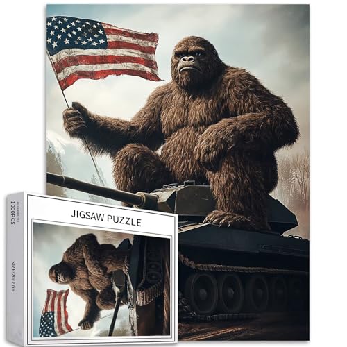 Gorilla Holding an American Flag Puzzle 1000 Teile Puzzle für Erwachsene Fahren Panzer Szene Kunst Puzzle herausfordernde Familienaktivitätsspiele Buntes DIY Handwerk Puzzle für Heimdekoration von Generic