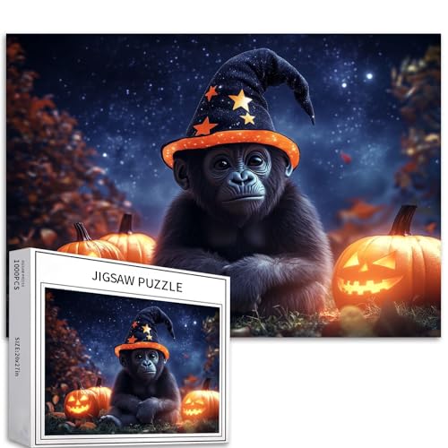 Gorilla Infant Wizard Hat 1000 Teile Halloween Puzzle Erwachsene Anfänger Sternennacht Leuchtende Kürbisse Familienspielabend 68,6 x 50,8 cm von Generic