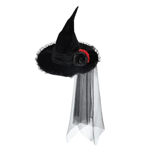 Gothic Flower Mesh Hexenhut - Eleganter schwarzer Hexenhut mit Schleier für Halloween | Zauberer Cosplay Zubehör, perfekt für Erwachsene Halloween Kostüme, Partys und gruselige Feiern von Generic