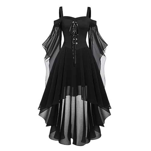 Gothic Halloween Kleid Kostüm Damen, Übergröße A-Linie Schnüren Maxi Kleider mit Schmetterlingsärmeln für Frauen, Festliches Vintage Schwarz Hexenkleid Cosplay Club Party Kostüme Gothic Halloween Kleid Kostüm Damen, Übergröße A-Linie Schnüren Maxi Kleider mit Schmetterlingsärmeln für Frauen, Festliches Vintage Schwarz Hexenkleid Cosplay Club Party Kostüme von Generic